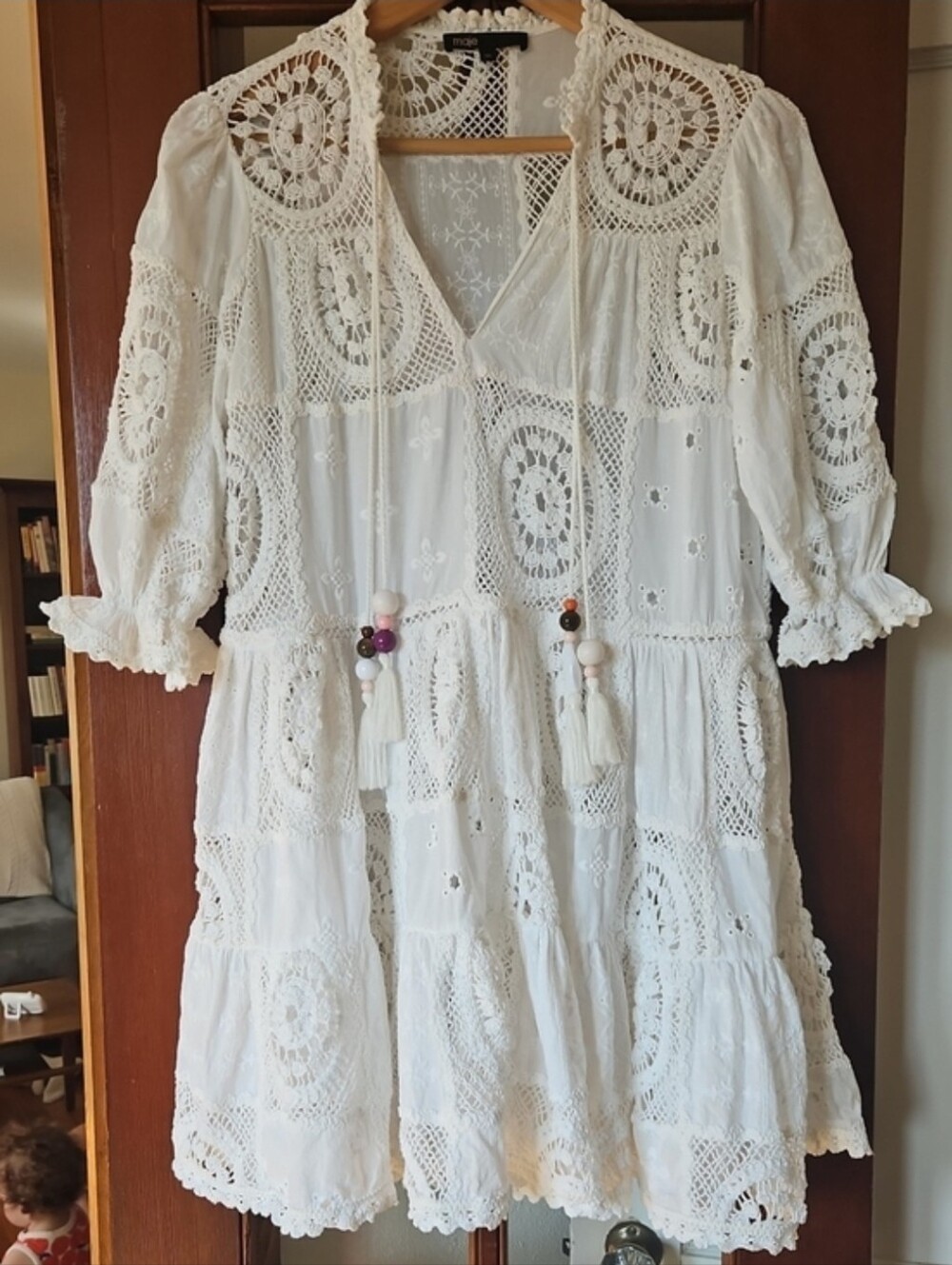 Maje White Crochet Tiered Mini Dress